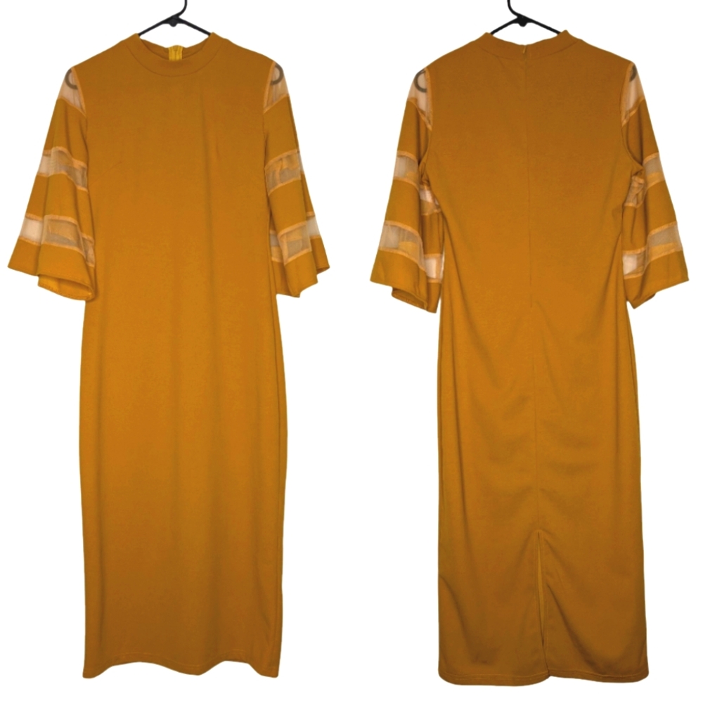 Shein Women's Mustard Yellow Crew Neck Mesh Bell Sleeve Midi Dress Size Large